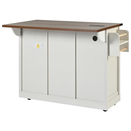 Kitchen Island Cart With Power Outlet, 2 Doors, Drop Leaf, Spice Rack, 2 Drawers - Rolling Storage Cart on Wheels for Home and Dining Room - White