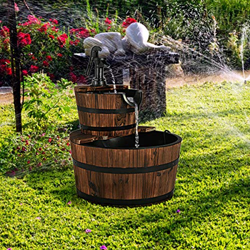 Giantex 2-Tier Barrel Waterfall Fountain Outdoor, Rustic Wood Barrel Cascading Water Fountain with Electric Pump