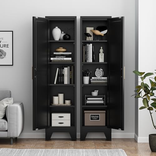Tall Bathroom Cabinet,Narrow Metal Storage Cabinet with 5 Adjustable Shelves and Single Barn Door,Slim Pantry Storage Organizer for Bathroom,Kitchen