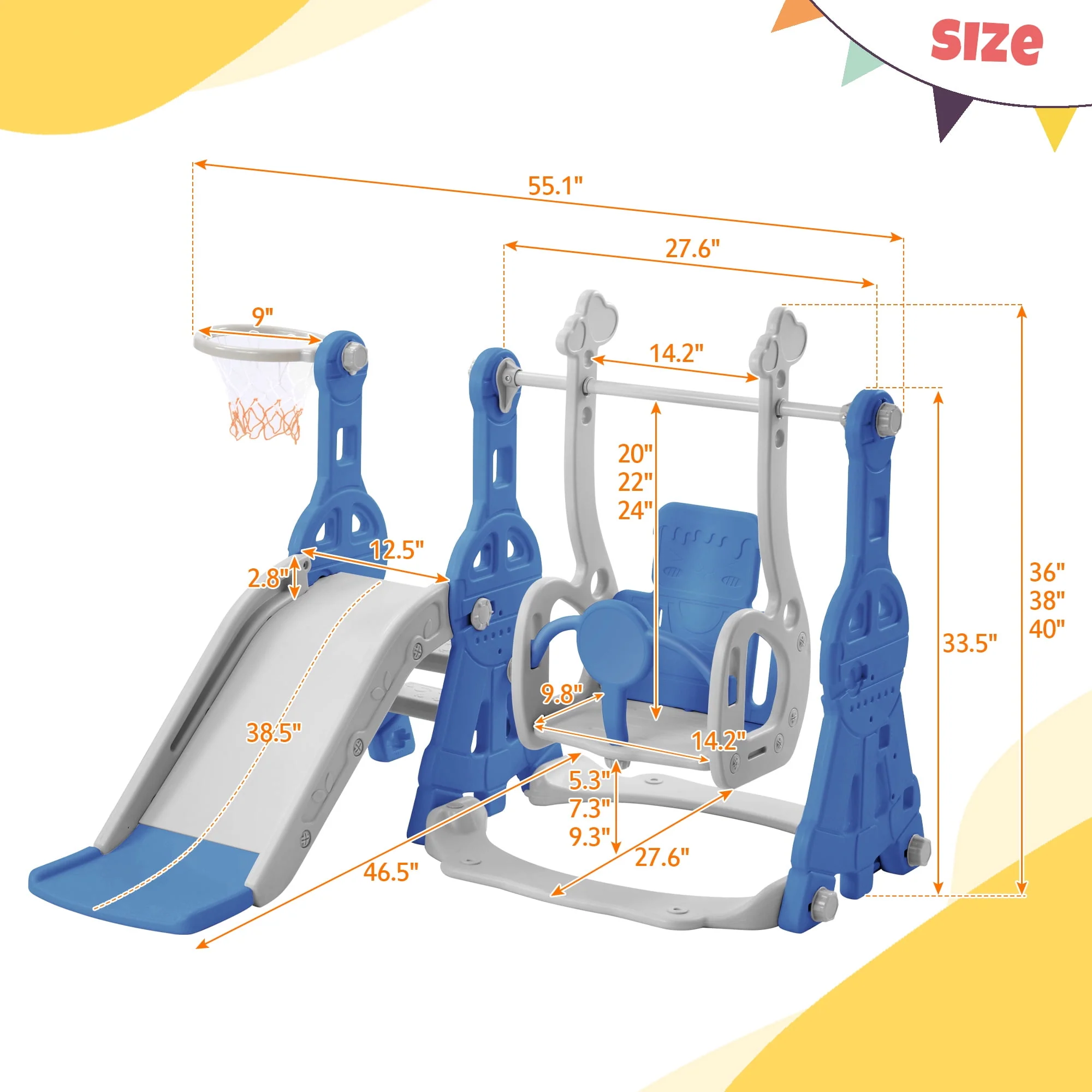 Toddler Slide and Swing Set 3 in 1, Kids Playground Climber Swing Playset with Basketball Hoops Freestanding Combination Indoor & Outdoor