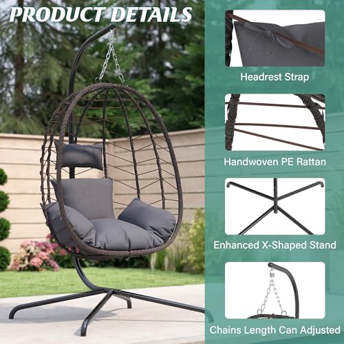 Hanging Egg Chair with Stand, Swinging Egg Chair Outdoor Indoor, Hanging Basket Chair with Cushion