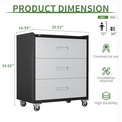 Metal Garage Storage Cabinet with Wheels,Locking Rolling Tool Cabinet with Drawers and Shelves for Home, Office, Garage & Workshop