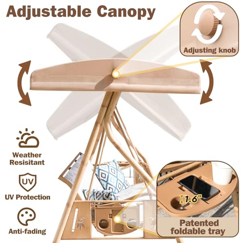 3 Person Patio Swing Outdoor Swing for Adults with Adjustable Canopy &Upgraded Cup Holders Textilene Fabric Porch Swing Chair with Stand Heavy Duty