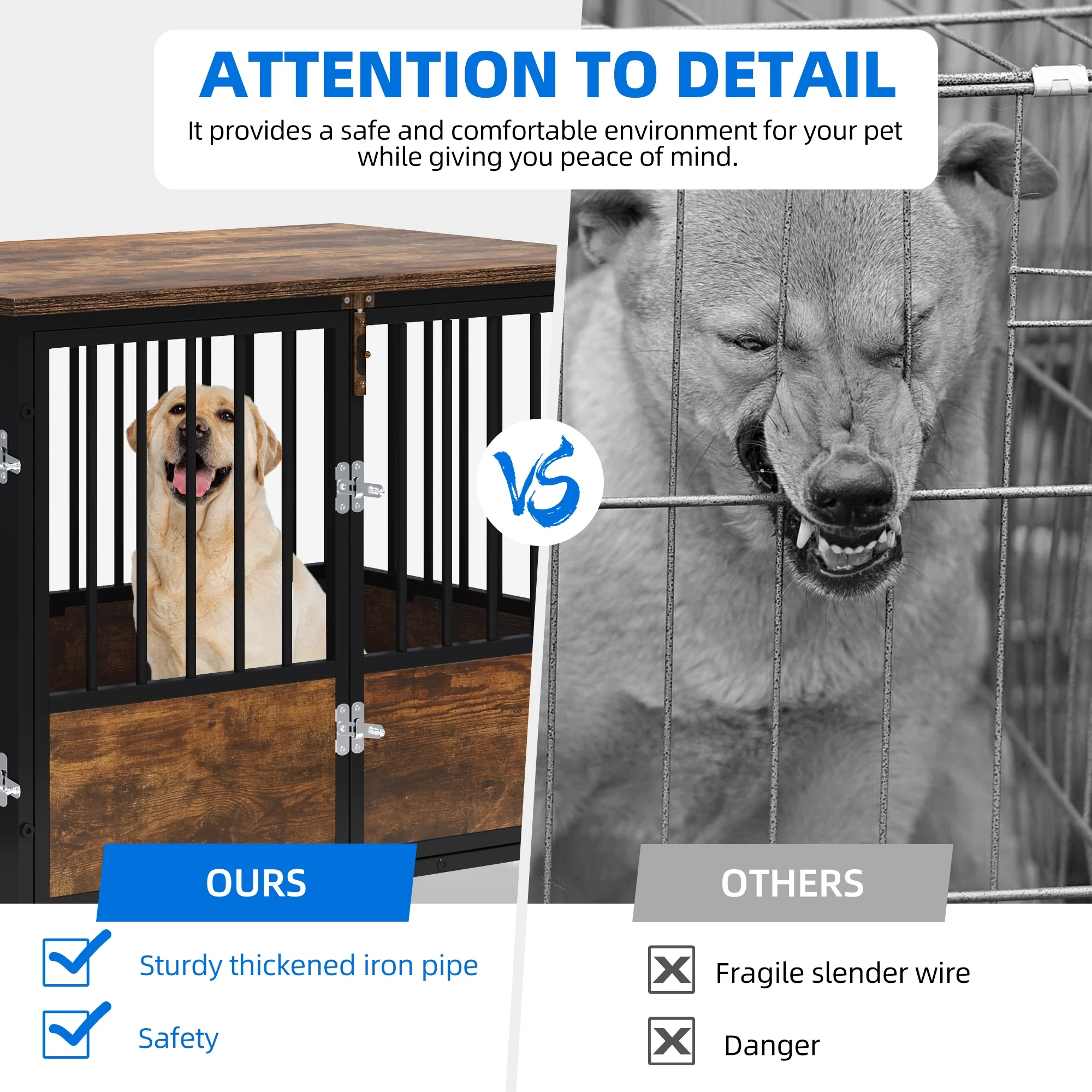 Dextrus Large Dog Crate Furniture with Wheels, 38in Rustic Heavy Duty Metal Dog Crate and Kennel for Small Medium Dogs