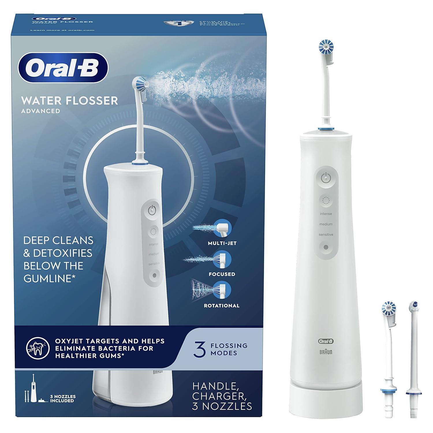 Oral-B Water Flosser Advanced, Cordless Portable Oral Irrigator Handle with 3 Nozzles Pack of 2