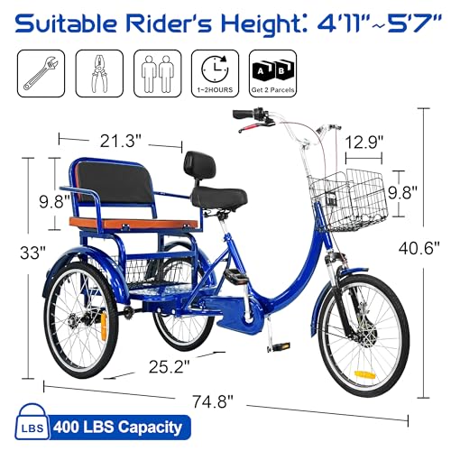 MOOITZ Adult Tricycle, 20 Inch 3-Wheel Bikes, Trike for Adults with Seat, Low Step-Through Cruiser Bike with Front and Rear Baskets