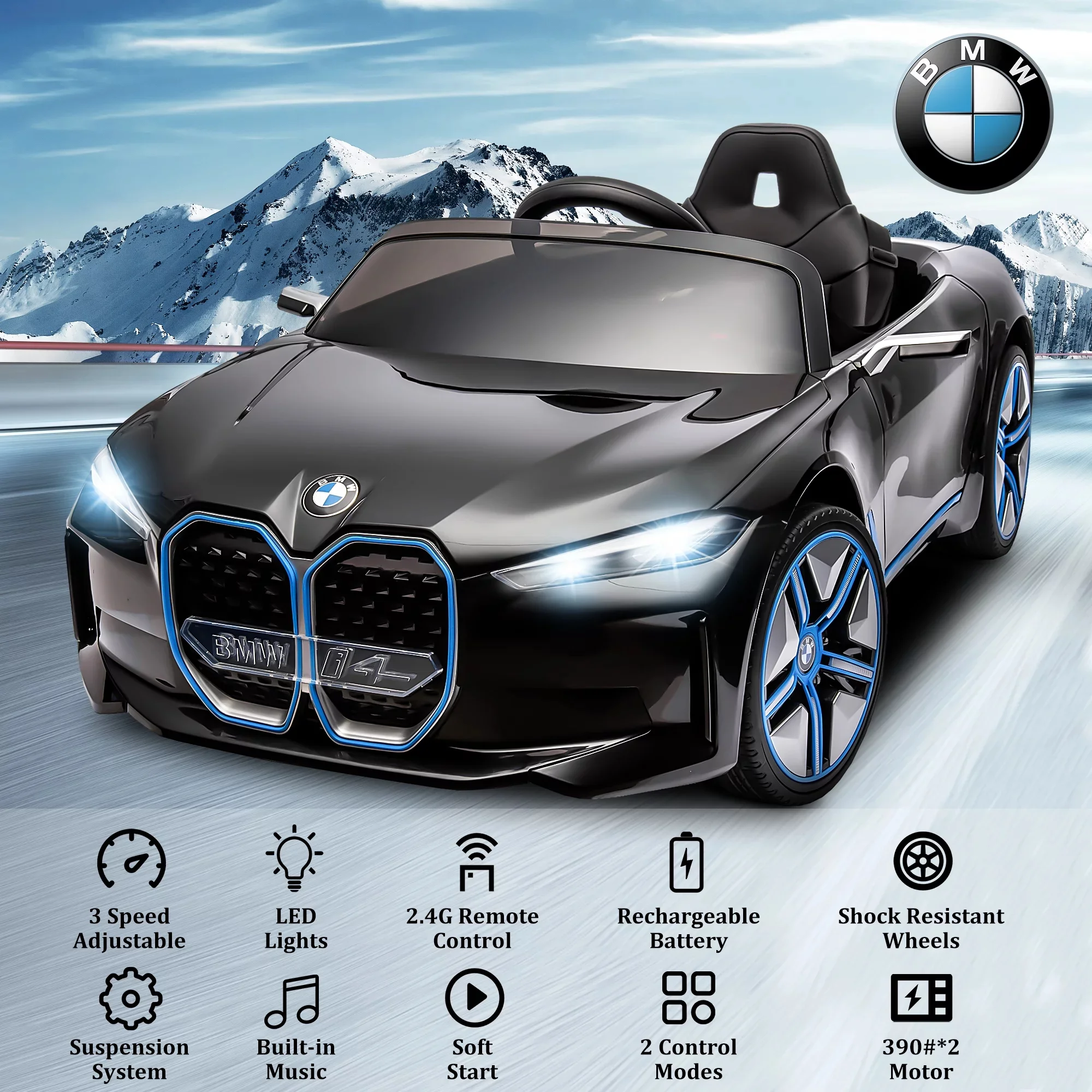 BMW i4 12V Kids Electric Ride-On Car with 2.4G Remote Control, Battery Powered Electric Vehicle Toys Car for 3-8 Years Old, Safety Belt, LED Lights