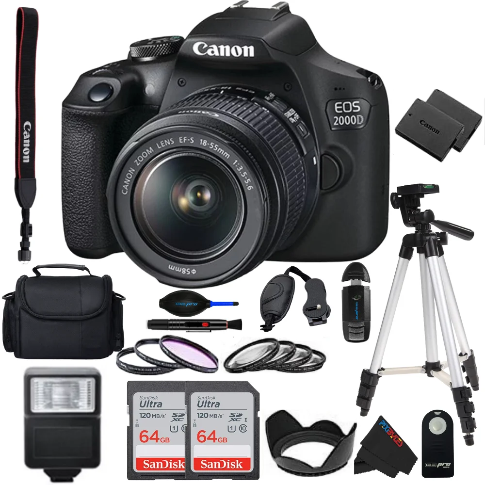 Canon EOS 2000D (Rebel T7) DSLR Camera with EF-S 18-55mm f/3.5-5.6 Lens - PixiBytes Deluxe Bundle
