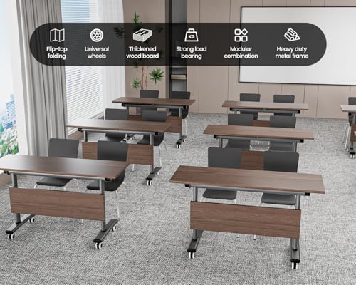 Commercial-Grade Flip-Top Folding Conference Table with Lockable Wheels - Heavy-Duty Mobile Steel Frame Desk for Office, Classroom, Event