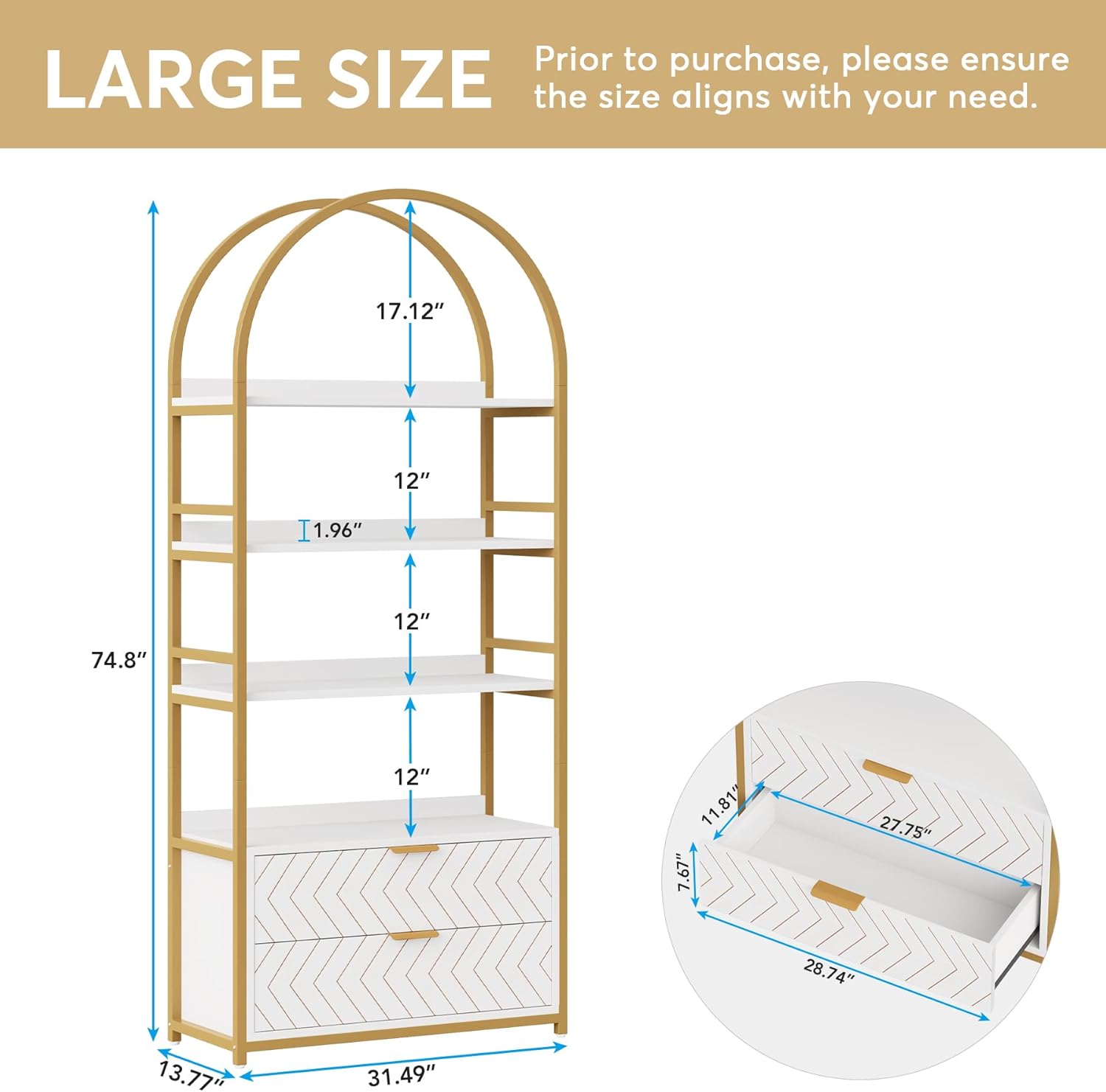 Tribesigns 4-Tier Bookshelf with 2 Drawers, 74.80”H Tall Bookcase 4 Display Shelf Small Place