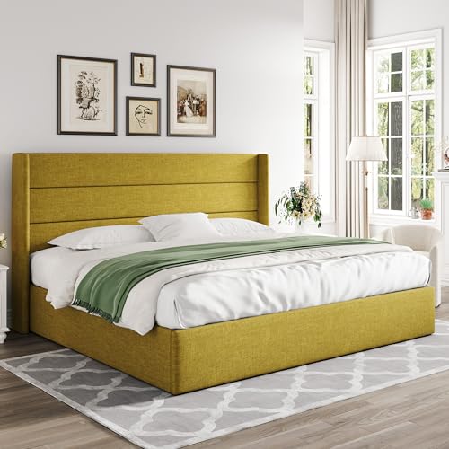 Allewie Full Size Lift Up Storage Bed, Modern Wingback Headboard, Hydraulic Support, No Box Spring Needed, Light Beige