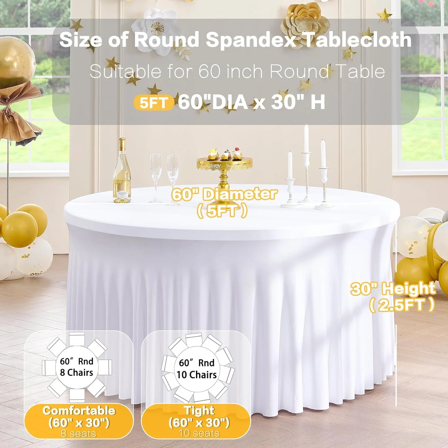 4Pack White Round Spandex Tablecloths for 60 inch Table