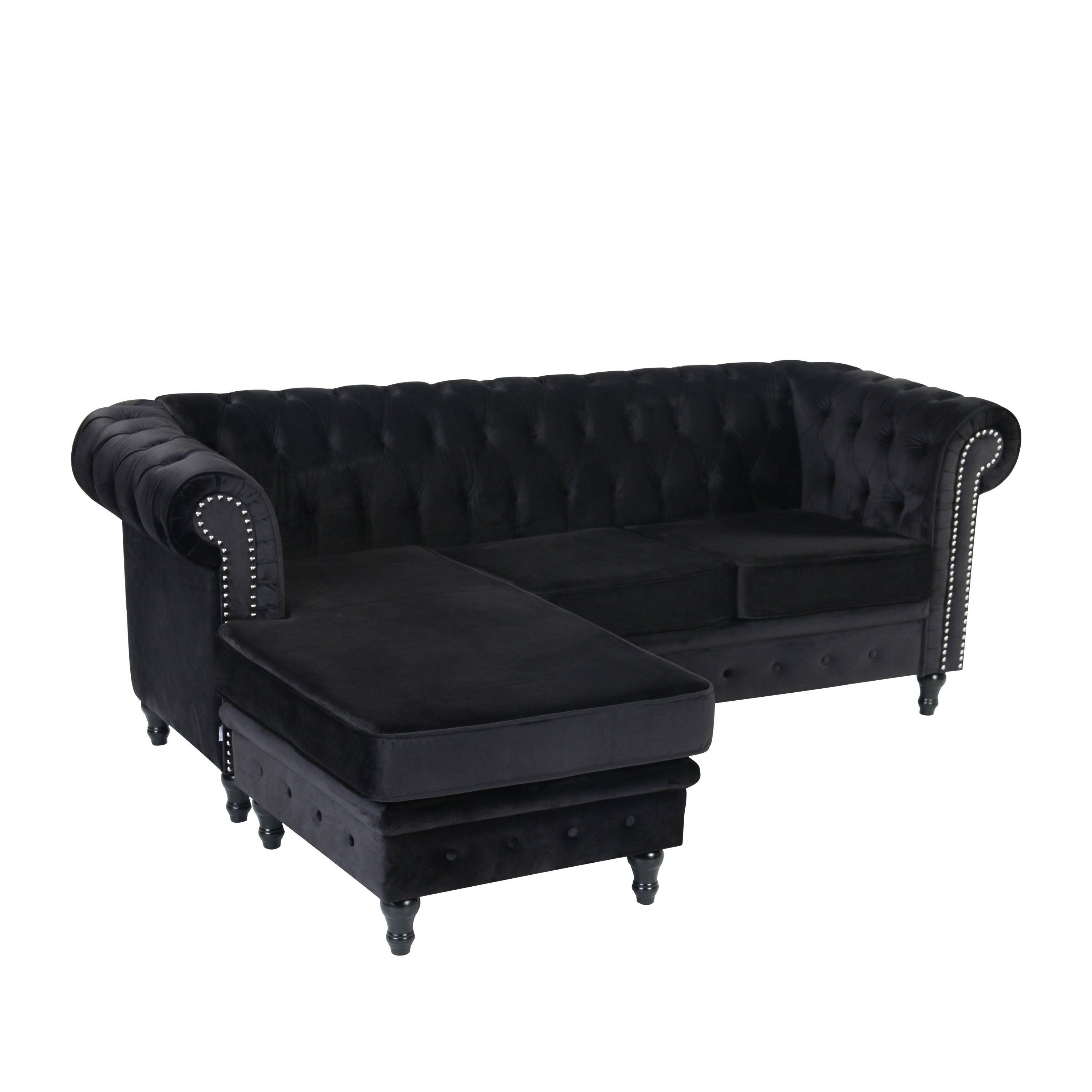 Velvet Chesterfield Rolled Arm Sofa with Ottoman Red