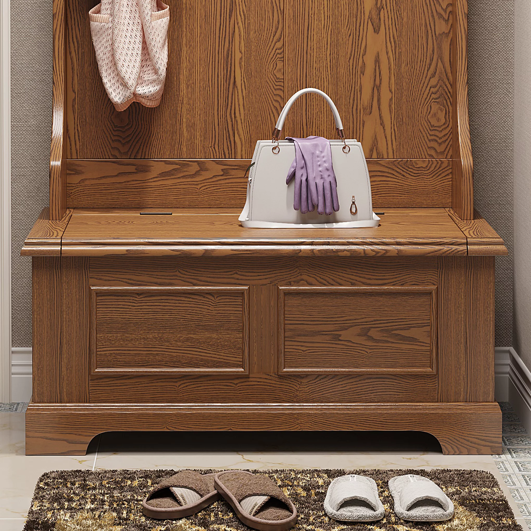 BALANBO Entrance Coat Rack Hall Tree Storage Bench with Metal Black Hooks and Shelves Cabinet - Ash Finish （Brown） - Radiant Selections