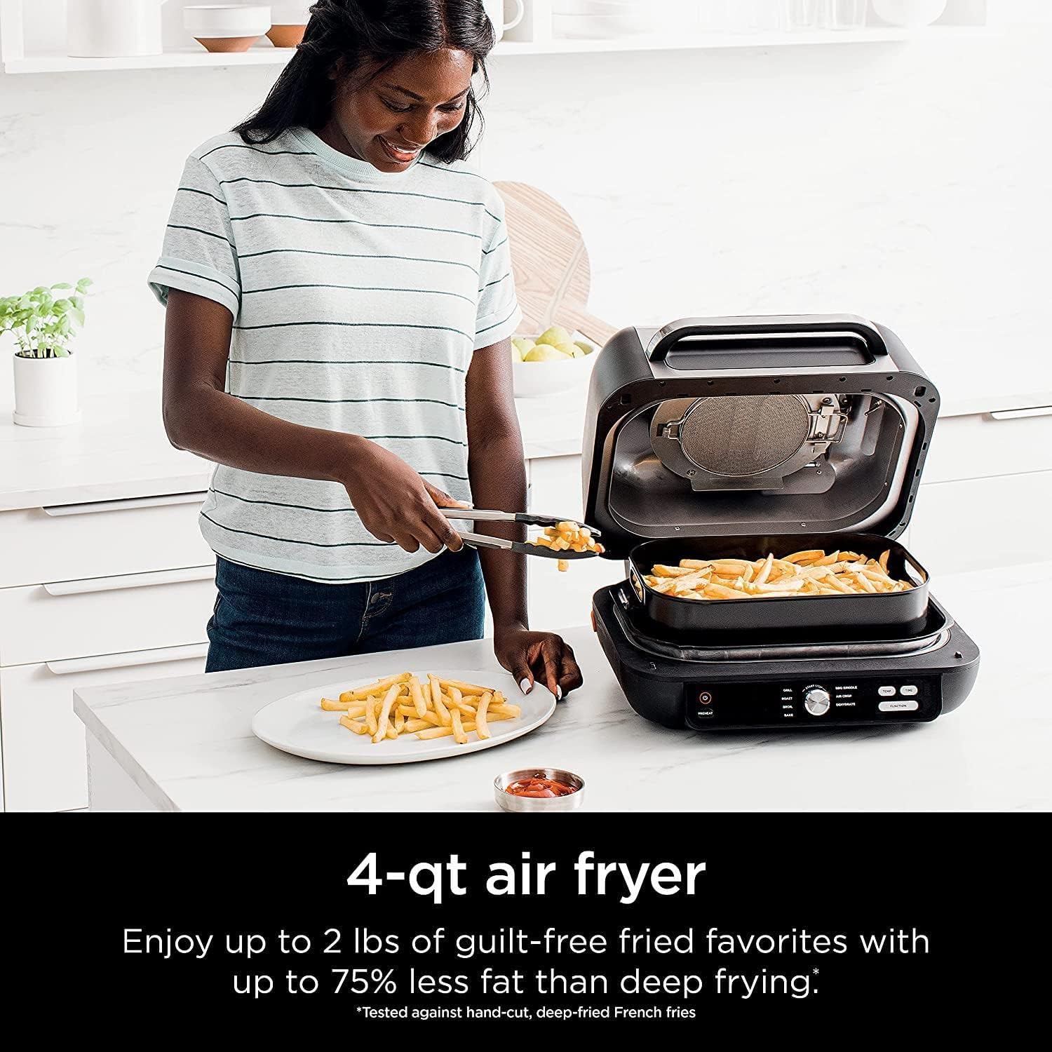 Ninja IG601 Foodi XL 7-in-1 Electric Indoor Grill Combo, use Opened or Closed, Air Fry, Dehydrate & More, Pro Power Grate, Flat Top Griddle, Crisper