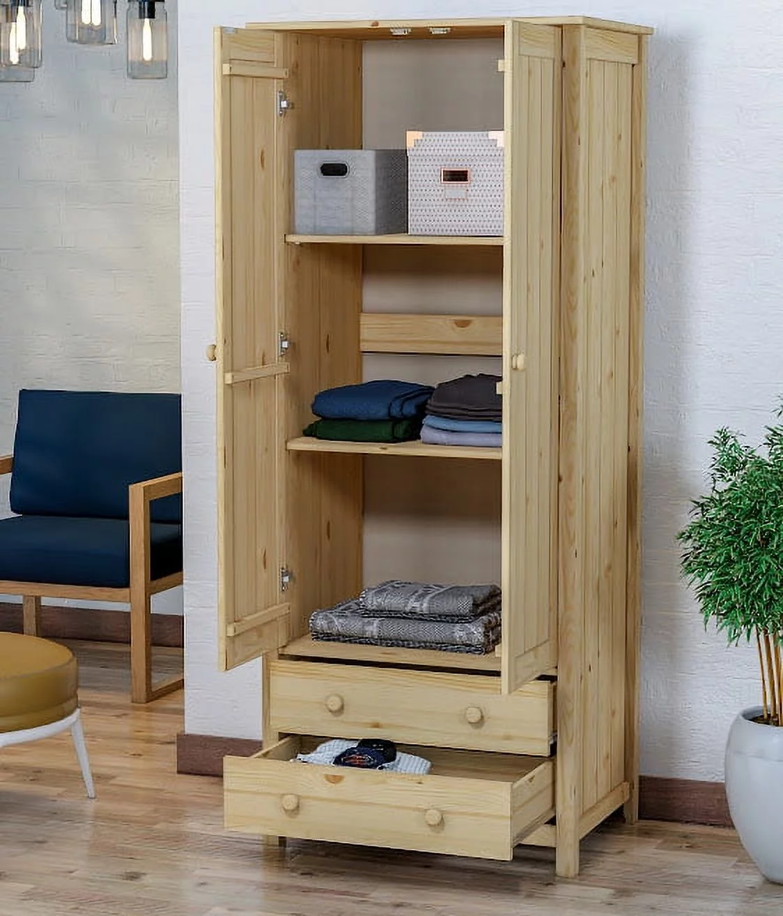 From the Tree Furniture Solid Unfinished Wood Freestanding Wardrobe Closet for Hanging Clothes with 2 Doors and 2 Drawers Cabinet for Bedroom Closet