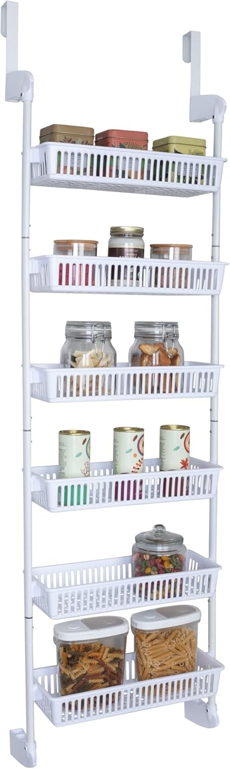 Smart Design Over The Door Pantry Organizer Rack w/ 6 Baskets - Steel & Resin Construction w/ Hooks - Hanging - Cans, Spice, Storage, Closet