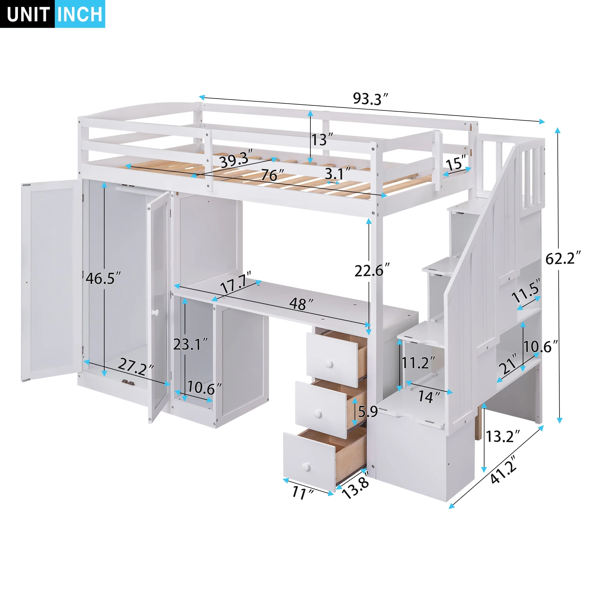 Bellemave Twin Size Loft Bed with Wardrobe and Staircase, Desk and Storage Drawers and Cabinet, Wood All-In-One Loft Bed Frame for Kids, Teens (White)