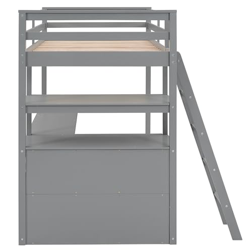 Harper & Bright Designs Twin Size Loft Bed with Wardrobe, Desk and Multiple Storage Shelves, Solid Wood Loft Bed Frame with Bookshelf