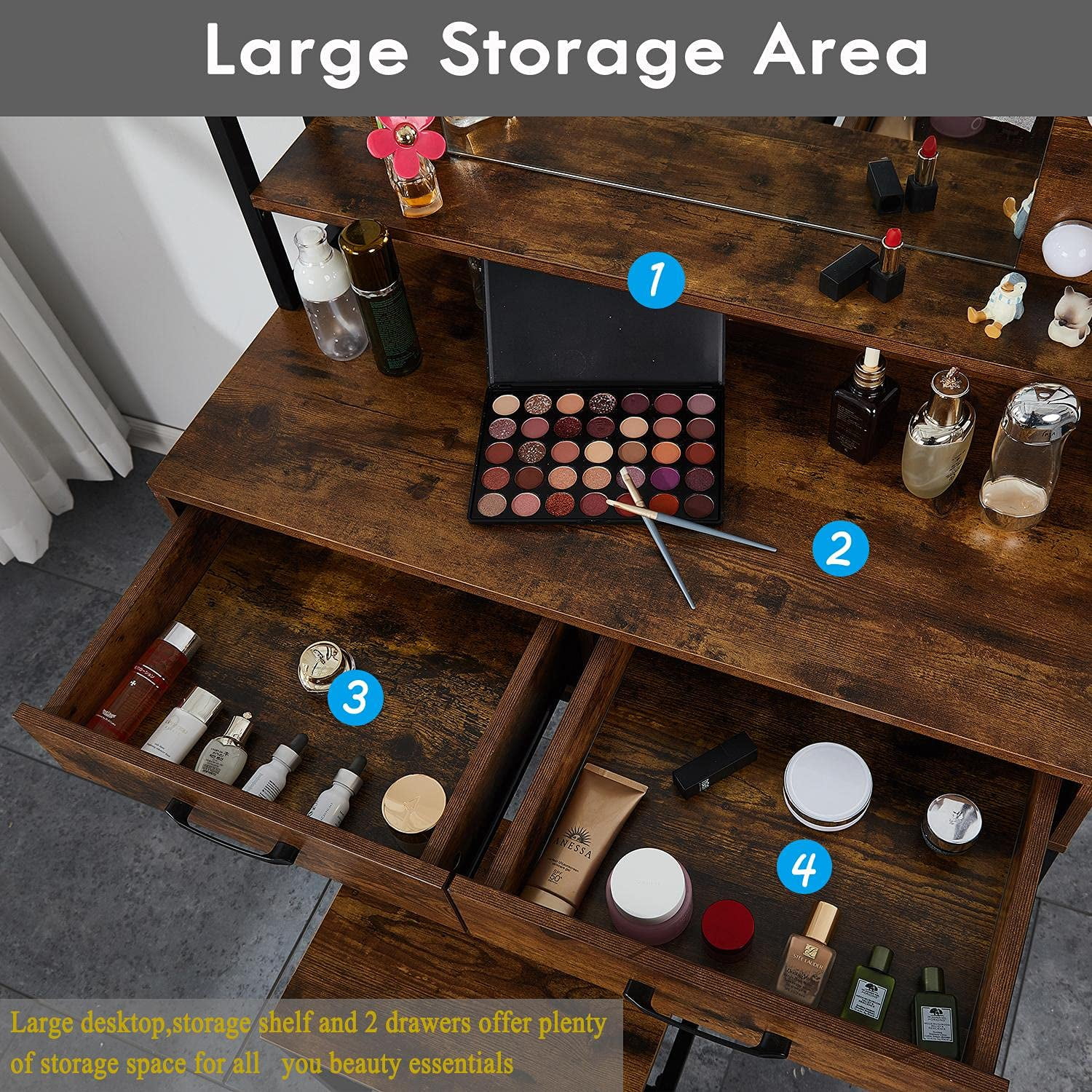 Veanerwood Rustic Vanity Set with Adjustable Lights, Makeup Vanity Table Desk for Bedroom, 3 Drawers, Brown