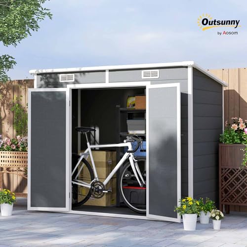 Outsunny 8' x 4' Outdoor Storage Shed, Resin Plastic Shed with Floor, Window, Lockable Doors and Vents, All-Weather Tool Shed for Backyard, Patio