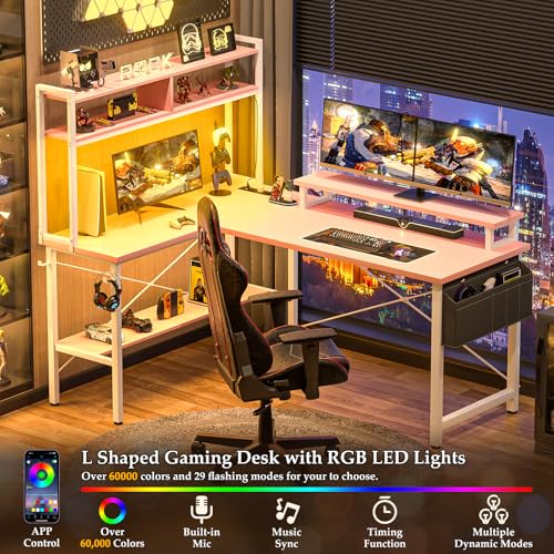 Aheaplus L Shaped Gaming Desk with Power Outlets & LED Lights, Small L- Shaped Desk Computer Corner Desk with Monitor Stand & Storage Shelf