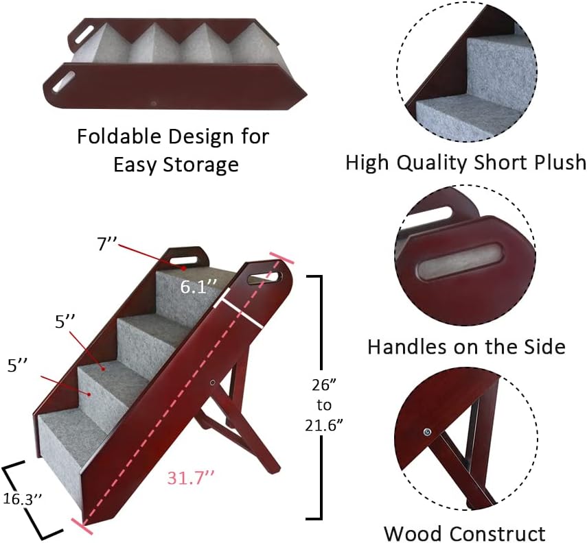 Wood Pet Stairs Adjustbale Foldable Pet Steps for Small Dogs and Cats with Carpet Surface
