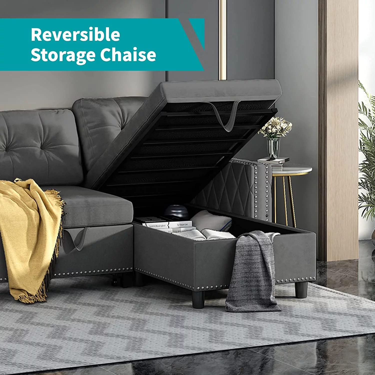 BALUS Reversible Sectional Sleeper Sofa with Storage Chaise, Velvet Upholstered L-Shape Sleeper Sectional Sofa Couch