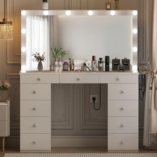 Likein Vanity Desk with Mirror and Lights, White Vanity with Jewelry Storage Cabinet, Makeup Dressing Table with 11 Drawers, Charging Station