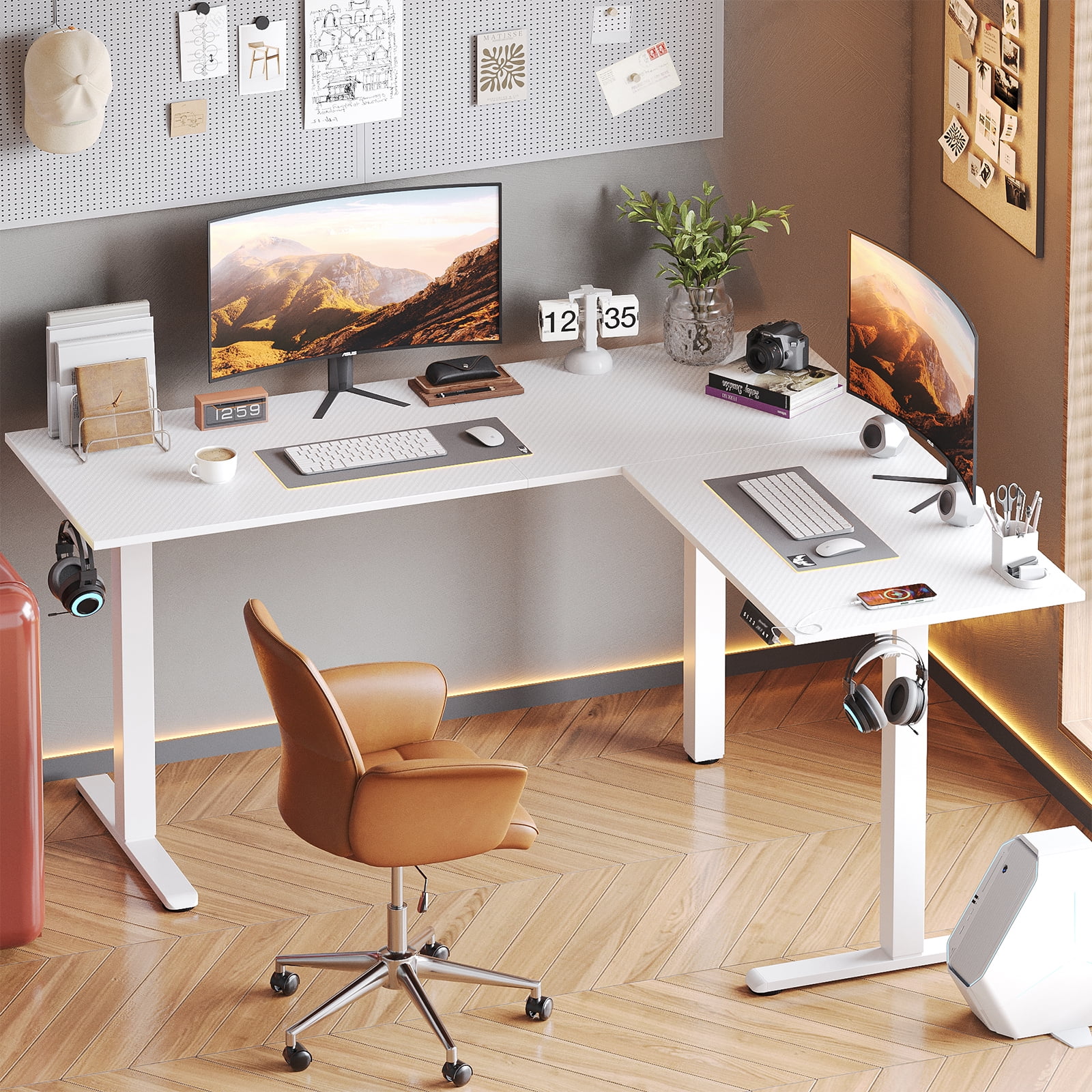 Bestier L-Shaped Standing Desk 63" x 55.1" Electric Stand Up Height Adjustable Home Office Table Computer Workstation in Carbon Fiber White