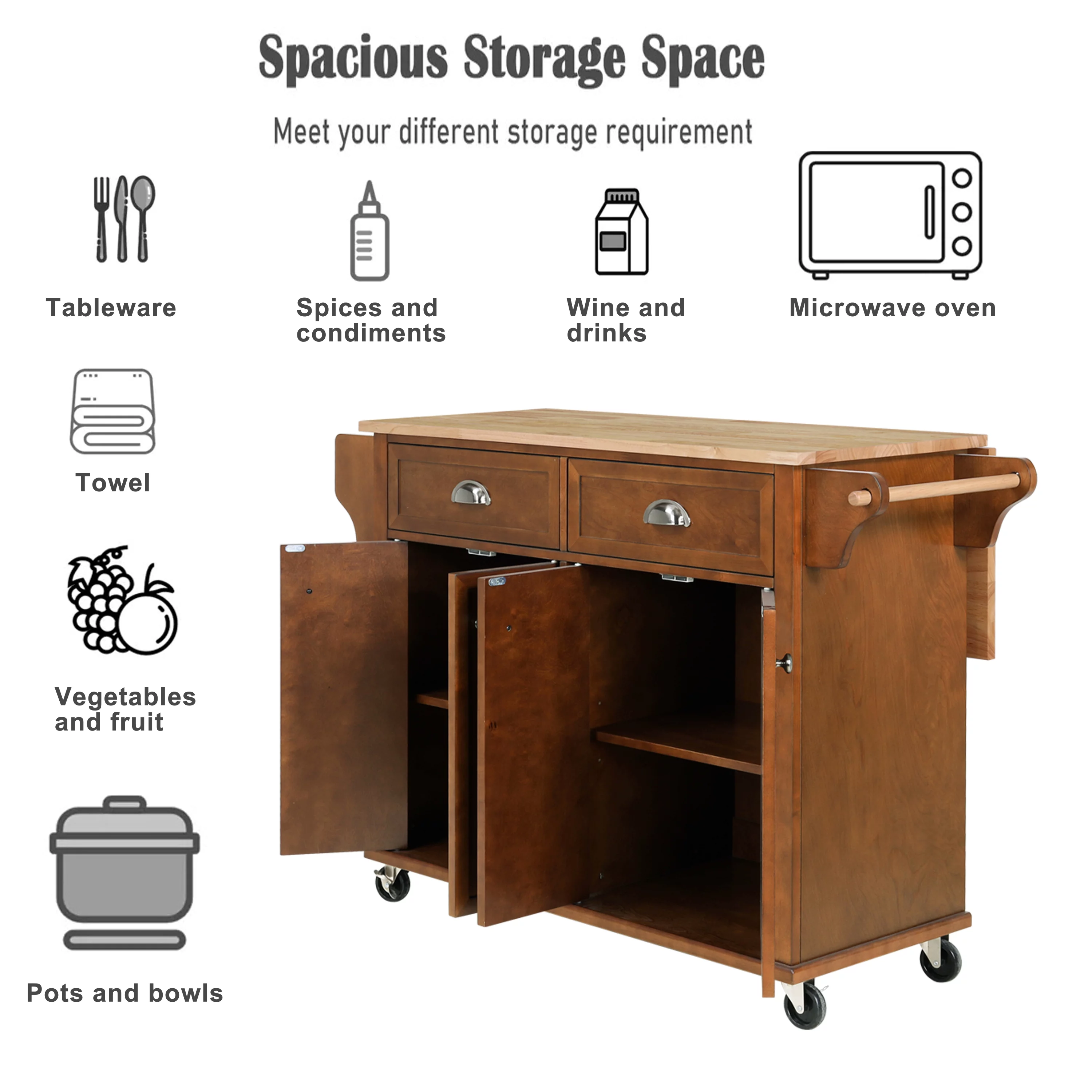 Rolling Kitchen Island Cart with Large Storage Cabinet on Wheels, Solid Rubberwood Countertop with Drop Leaf, Greenguard Gold Certified, 4-Droors