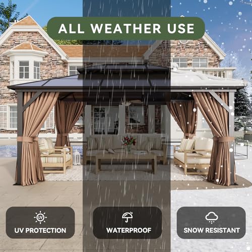 Aoxun 12'x16' Hardtop Gazebo, Aluminum Frame Permanent Pavilion with Netting and Curtains, Outdoor Polycarbonate Double Roof Canopy