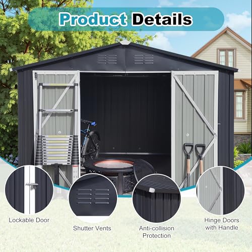 8x6 FT Outdoor Storage Shed, Metal Tool Shed with Lockable Doors, Peaked Roof & Frame Floor