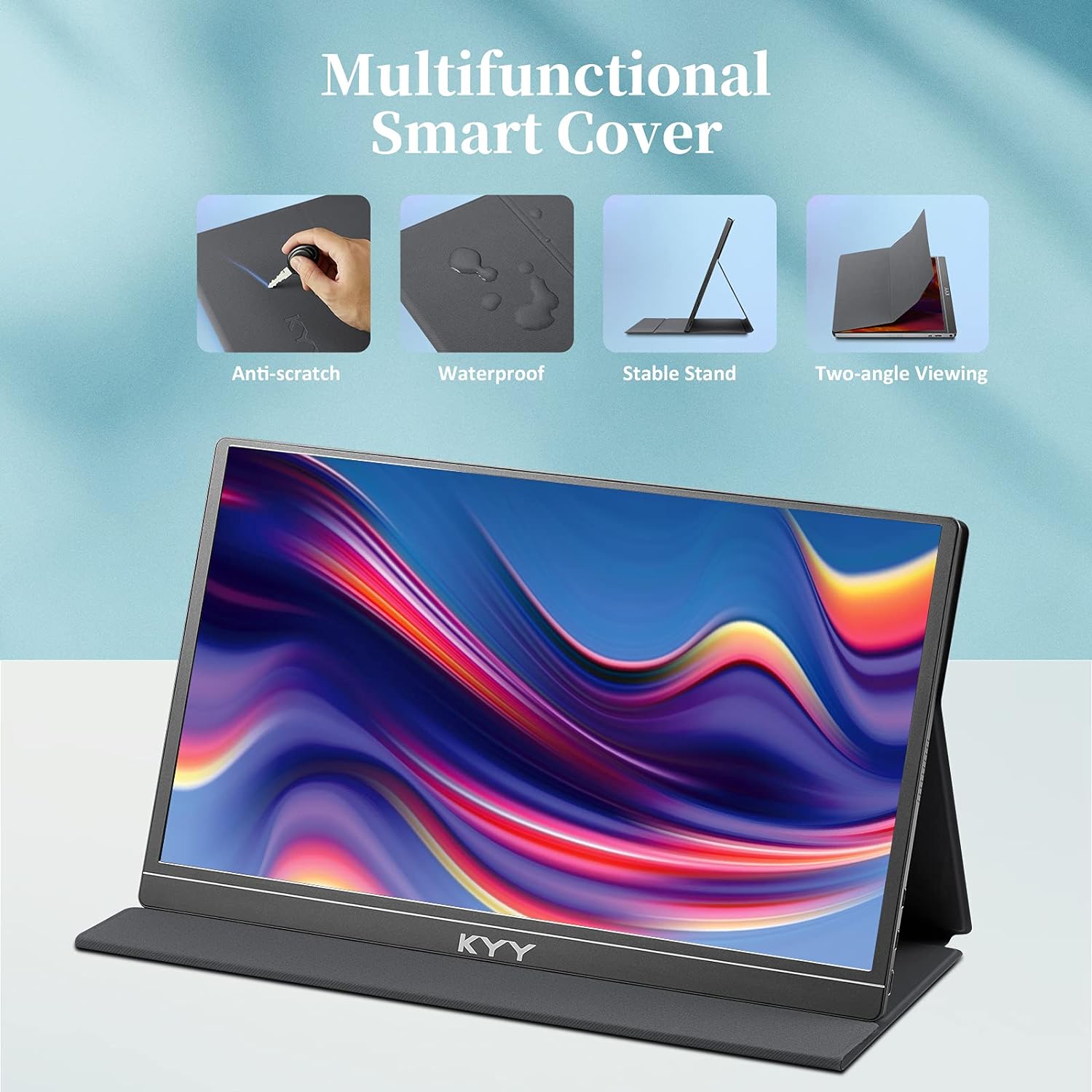 KYY Portable Monitor 15.6'' 1080P FHD USB-C Laptop Monitors w/Smart Cover & Dual Speaker