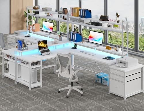 EnHomee Large L Shaped Gaming Desk with Hutch and Drawers, 64" W Reversible Computer Desk with Storage Shelves