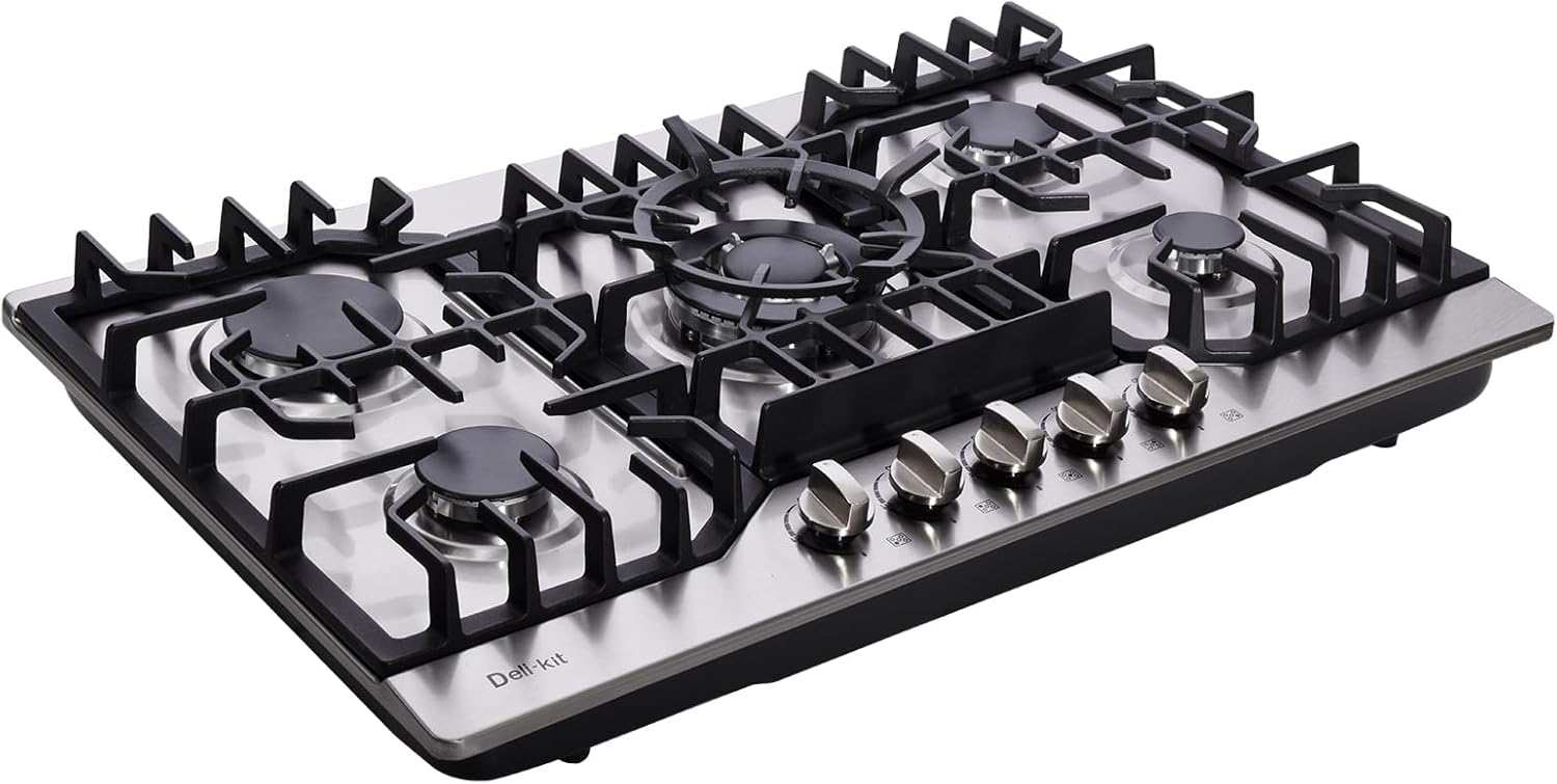 30 Inch Gas Cooktop, Stainless Steel Built-in 5 Burners Stovetop Dual Fuel Gas Hob NG/LPG Convertible Gas Cooktop DK5712