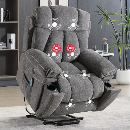 Phoenix Home Large Power Lift Recliner Chair with Massage and Heat for Elderly, Overstuffed Wide Recliners with 2 Cup Holders