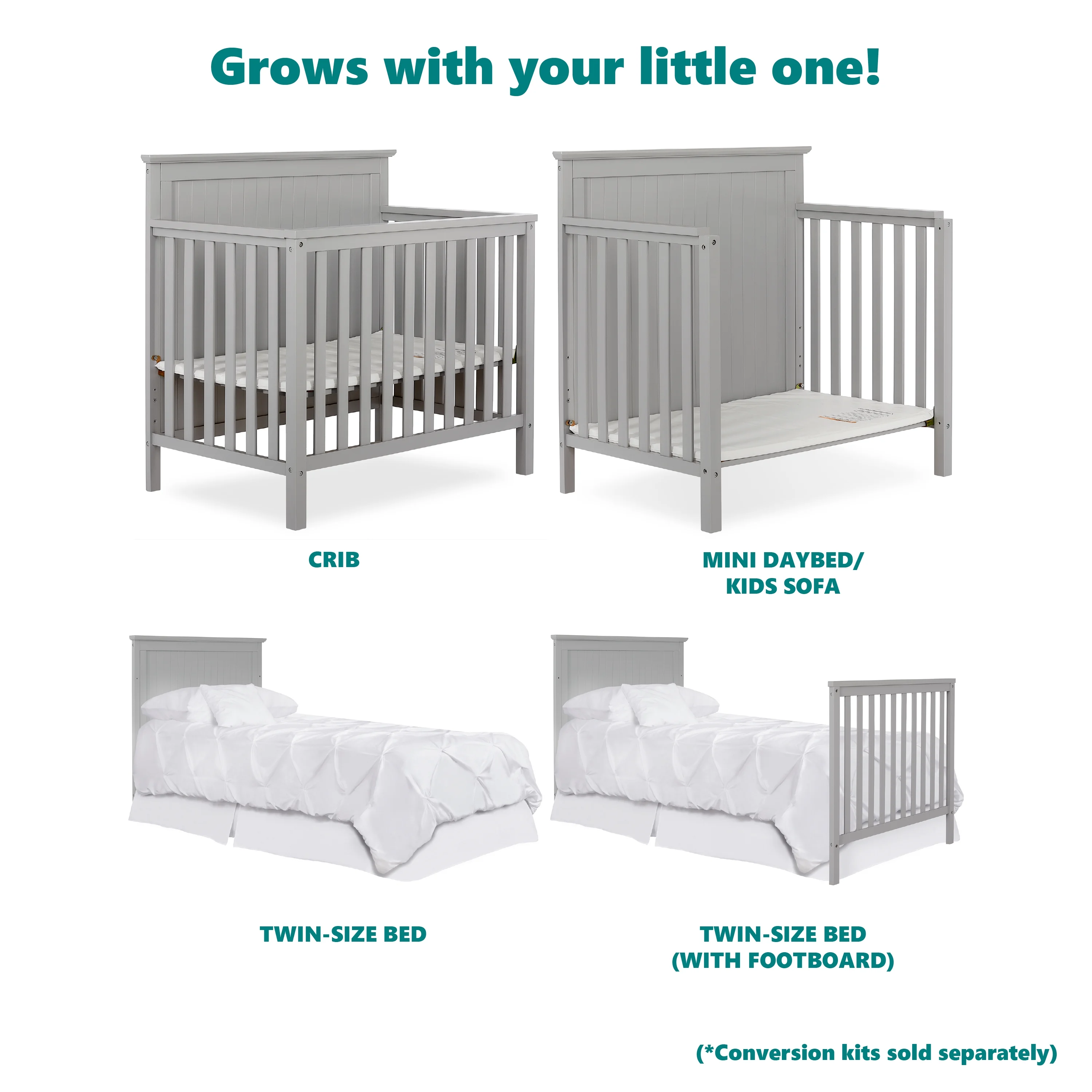 Dream On Me Ava 4-in-1 Convertible Mini Crib, Pebble Grey
