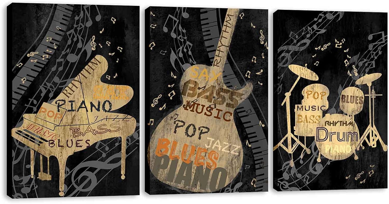 SiMiWOW Music Instrument Wall Art Black and Gold Guitar Piano Drum Set Pictures Classic Musical Theme Painting Canvas Prints Living Room Decoration