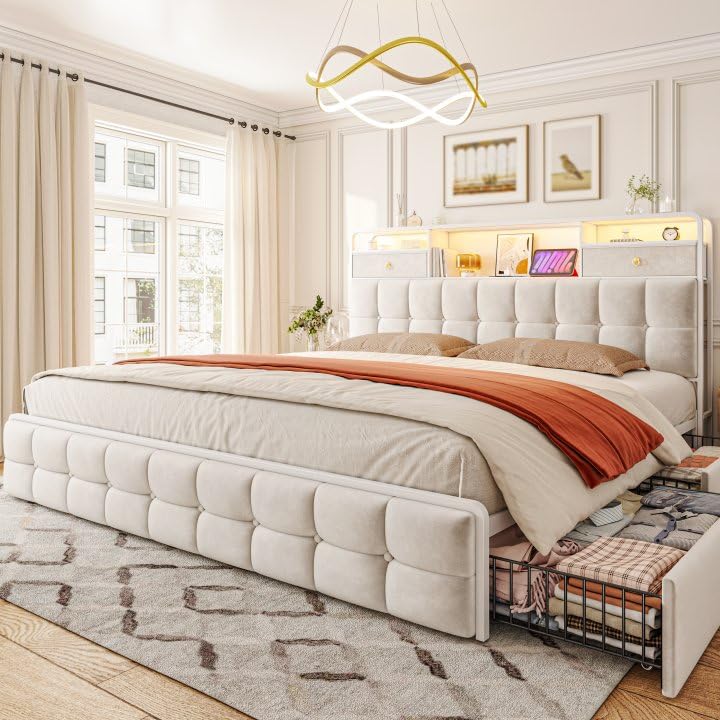 EnHomee King Size Bed Frame with 4 Storage Drawers King Bed Frame with Headboard Built in Charging Station and LED Lights, No Noise