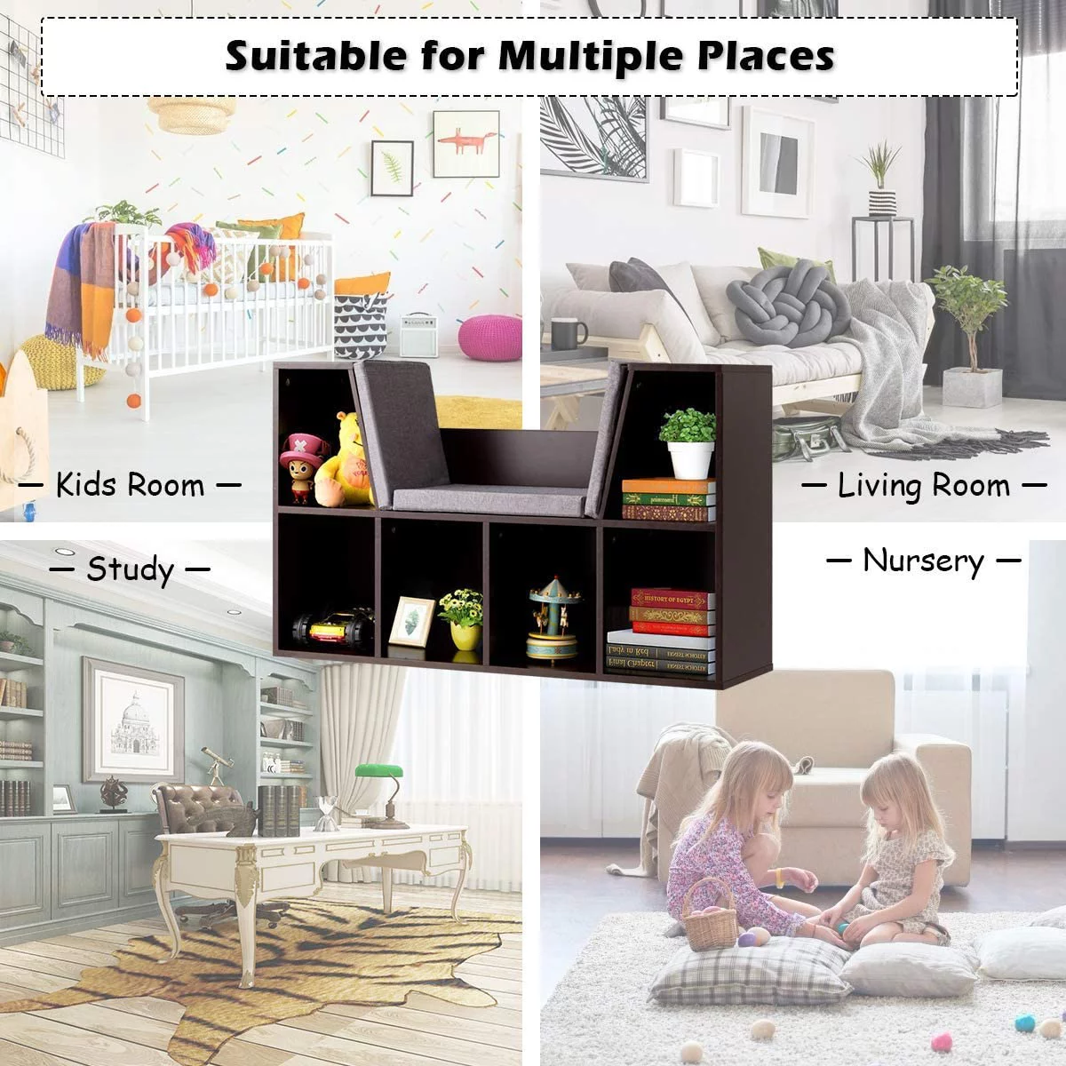 6-Cubby Kids Bookcase w/Cushioned Reading Nook