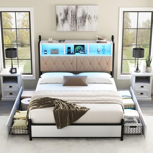 AMERLIFE Full Size Bed Frame with Bookcase Headboard, 4 Storage Drawers, Wooden Platform Bed with Charging Station & LED Light, No Box Spring Needed