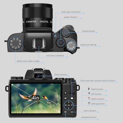 Saneen Digital Camera, 4k Cameras for Photography & Video, 64MP WiFi Touch Screen Vlogging Camera for YouTube with Flash, 32GB Card, Lens Hood
