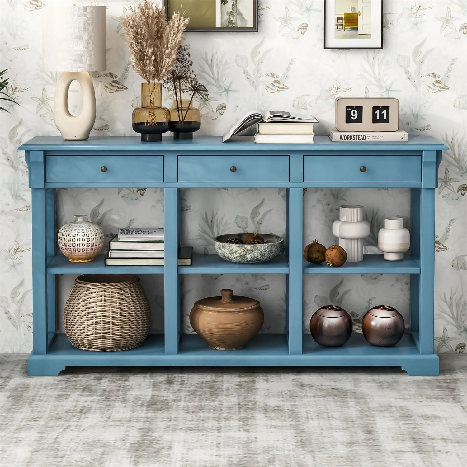 Console Table Sofa Table With 3 Drawers And Storage Shelf, Wooden Sideboard Side Table For Living Room Bedroom, Teal Blue