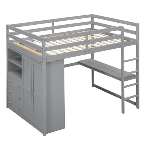 Full Size Loft Bed with Desk & Wardrobe, Solid Wood Kids Loft Bedframe w/3 Storage Drawers & 2 Shelves, Maximum Space Design, for Bedroom, Dorm, Gray