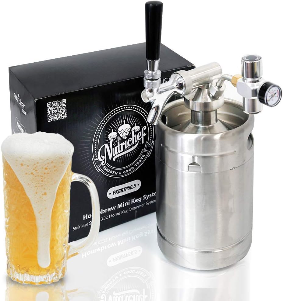 NutriChef Pressurized Growler Tap System, 64oz Stainless Steel Mini Keg Dispenser Portable Kegerator Kit