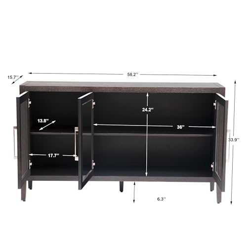 Amposei Modern Sideboard Cabinet 58.2-Inch Credenza Glass Door Console Storage Cabinet Dining Buffet with Adjustable Shelf for Living Room Entryway