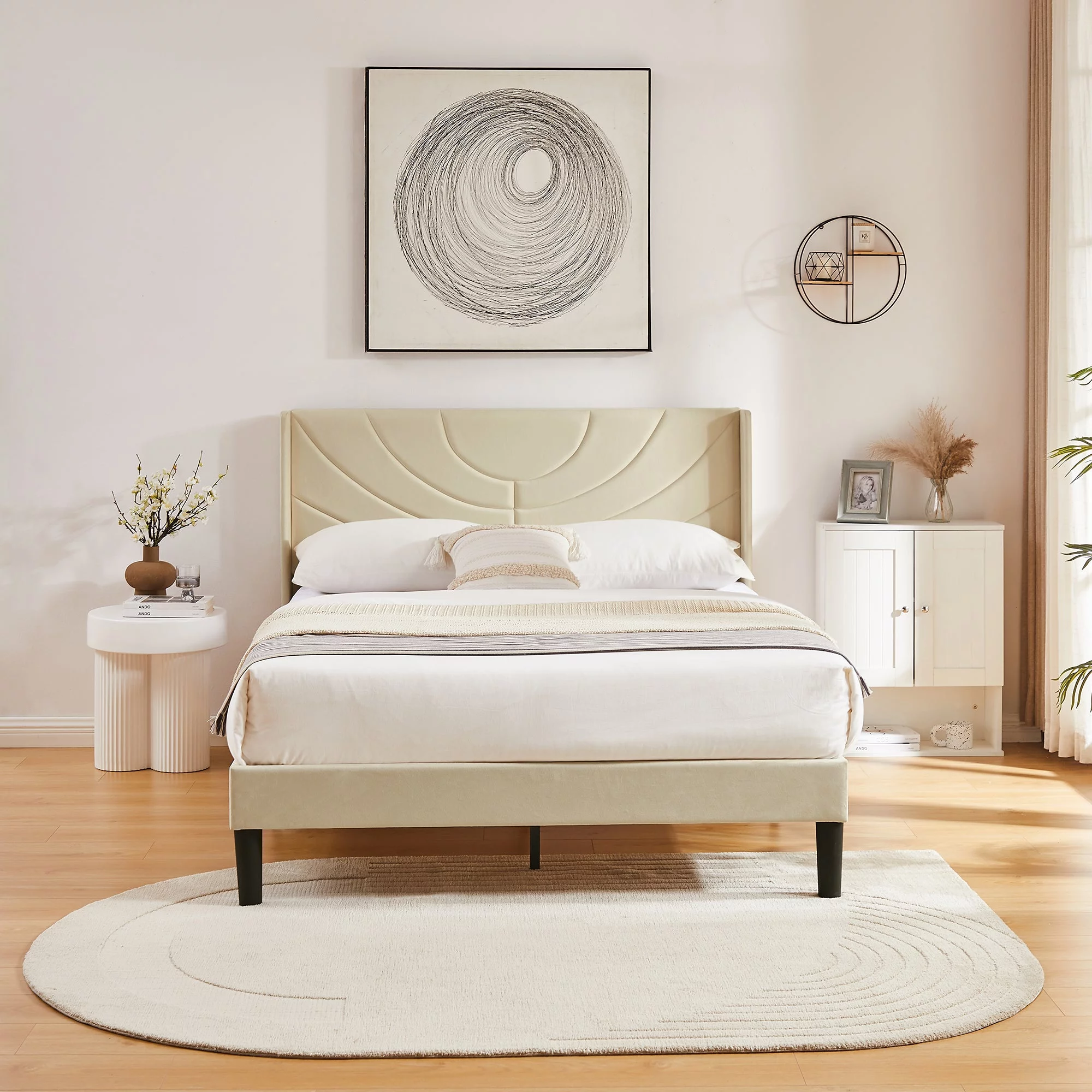 VECELO Queen Platform Bed Frame with Upholstered Headboard, Strong Wooden Slats/No Box Spring Needed, Beige