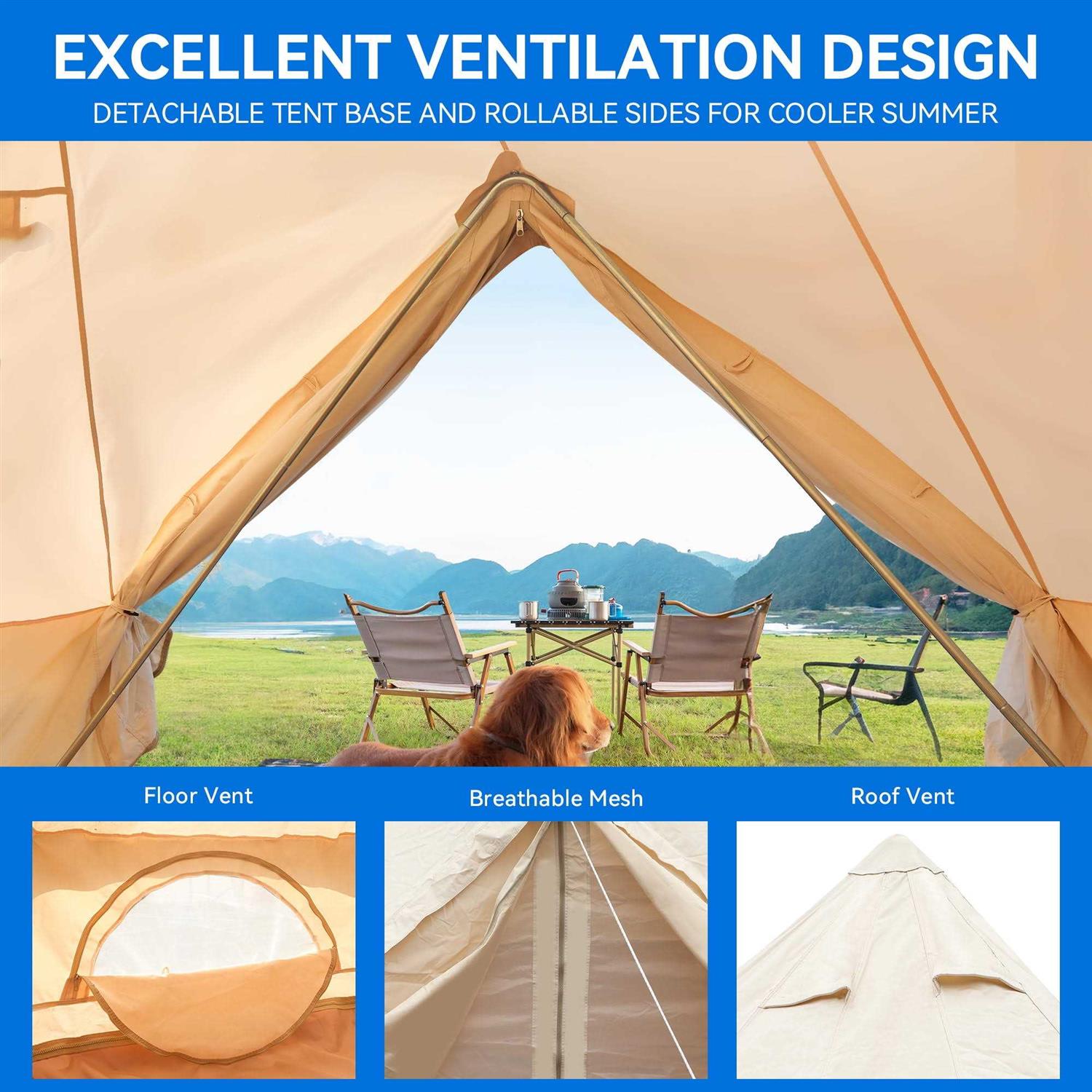 Dextrus Camping Tent 4 Seasons Glamping Bell Tent Waterproof with Stove Jacks &amp; 4 Breathable Windows Cotton for Outdoor Family Party