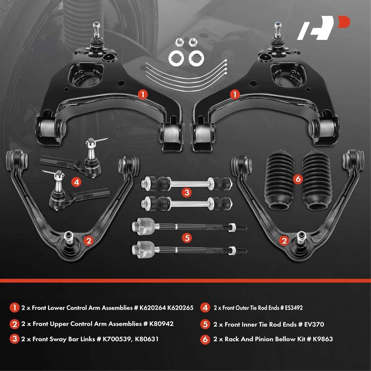 A-Premium 12Pc Front End RWD Suspension Kit, Upper Lower Control Arm, Sway Bar Link, Inner Outer Tie Rod End, Steering Rack Boot